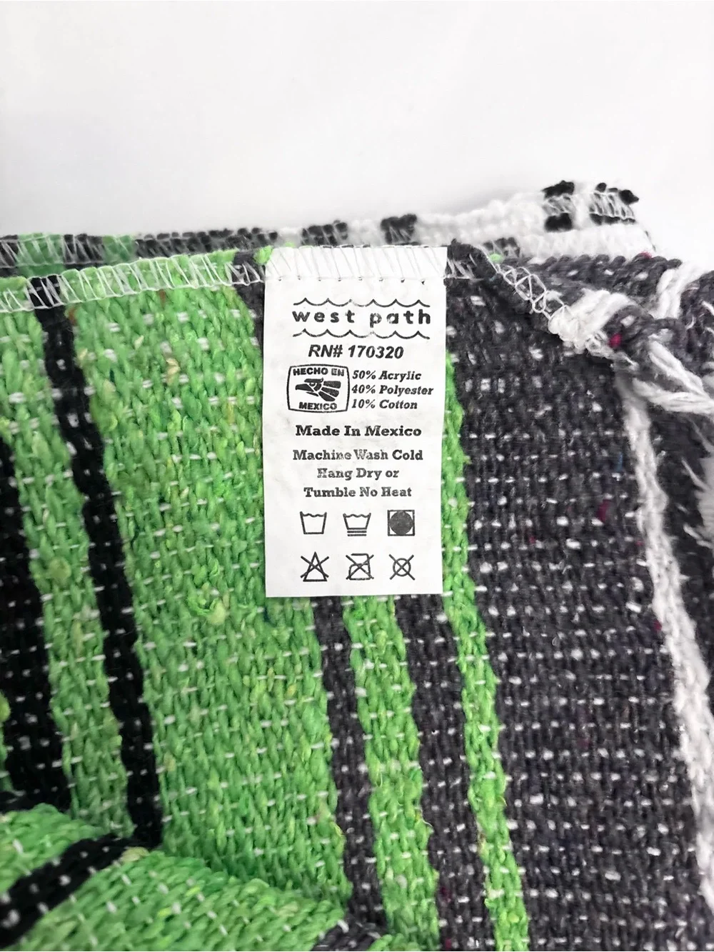 Green, Black & White Striped Mexican Falsa Throw Blanket w/Free Coin Pouch, NWOT